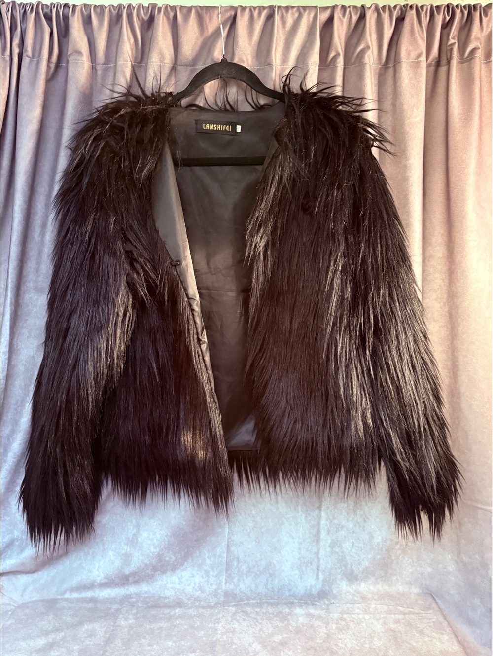 Lanshifei Black Shaggy Faux Fur Jacket Coat Long Sleeve